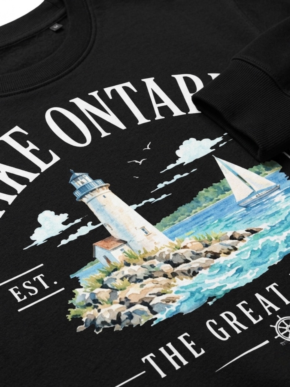 Vintage Lake Ontario Graphic Crewneck Sweatshirt - Black Gildan - Picture 2 of 3